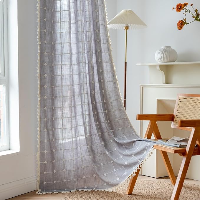 Sutuo Home Boho Curtains for Bedroom Living Room 84 Inch Length, Linen Light Filtering Country Farmhouse Vintage Chic Tassels Window Treatment Bohemian Drape, 1 Panel 52" W x 84" L, Dark Grey Plaids