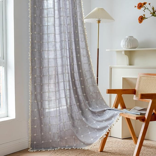 Sutuo Home Boho Curtains for Bedroom Living Room 84 Inch Length, Linen Light Filtering Country Farmhouse Vintage Chic Tassels Window Treatment Bohemian Drape, 1 Panel 52" W x 84" L, Dark Grey Plaids