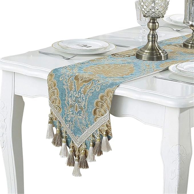 Embroidery Luxury Table Runner Jacquard Fabric Table Runner with Multi-Tassels for Dining Room Dresser Wedding Party Decorations, 13" x 98", Blue