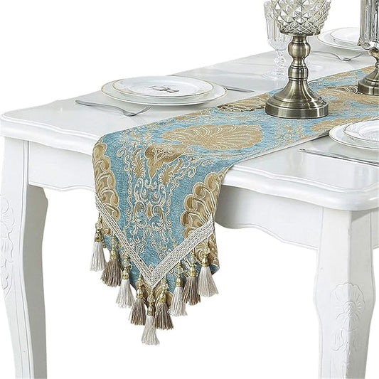Embroidery Luxury Table Runner Jacquard Fabric Table Runner with Multi-Tassels for Dining Room Dresser Wedding Party Decorations, 13" x 98", Blue