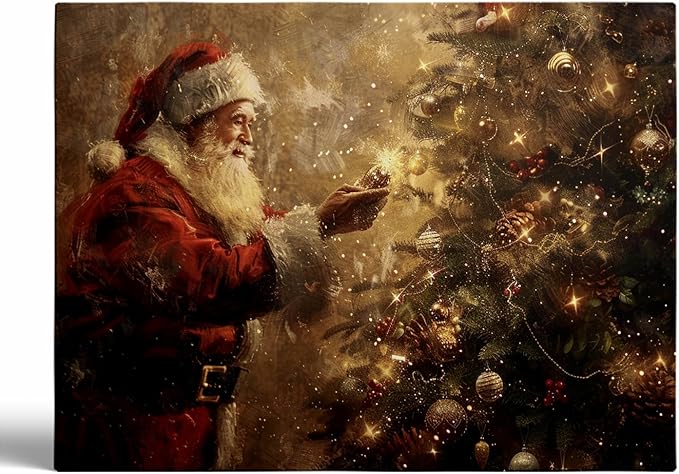 Santa Christmas Tree Wall Art Print,Dark Vintage Holiday Santa Claus Painting,Farmhouse Christmas Decor