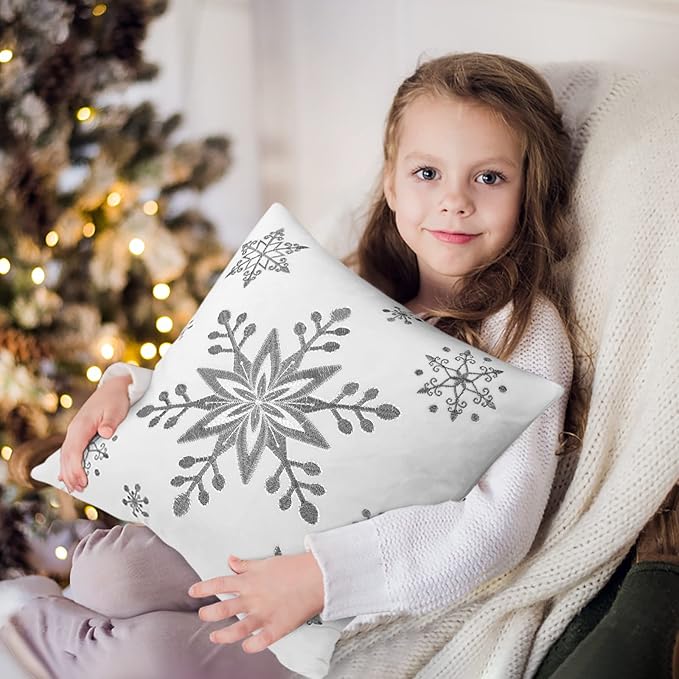Lewondr Christmas Throw Pillow Covers, 16x16 Inch Snowflake Embroidery Pillow Cases Home Xmas Decorative Holiday Decor Cushion Covers Soft Velvet Pillow Cover for Sofa Bed Chair Set of 2, White