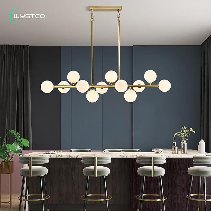 50" Long Modern Sputnik Globe Chandelier, Large 12-Light Mid Century Light Fixture Over Table, Brass Gold Linear Chandeliers for Dining Room and Kitchen Island (Milk White Glass Bubble Shades)