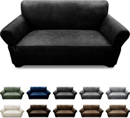 Loveseat Sofa Slipcover Leather Look Couch Covers for 2 Seater Couch Sofa 1-Piece Sofa Cover Stretch Furniture Protector with Elastic Bottom & Pockets(Loveseat, Black)