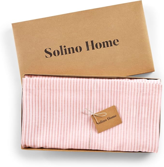 Solino Home Linen Striped Tablecloth 52 x 52 Inch - 100% Pure Linen Peach and White Square Table Throw - Narrow Stripe, Machine Washable Tablecloth