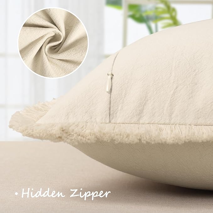 ZWJD Pillow Covers 20x20 Set of 2 Beige Throw Pillow Covers with Fringe Chic Cotton Decorative Pillows Square Cushion Covers for Sofa Couch Bed Living Room Farmhouse Boho Decor