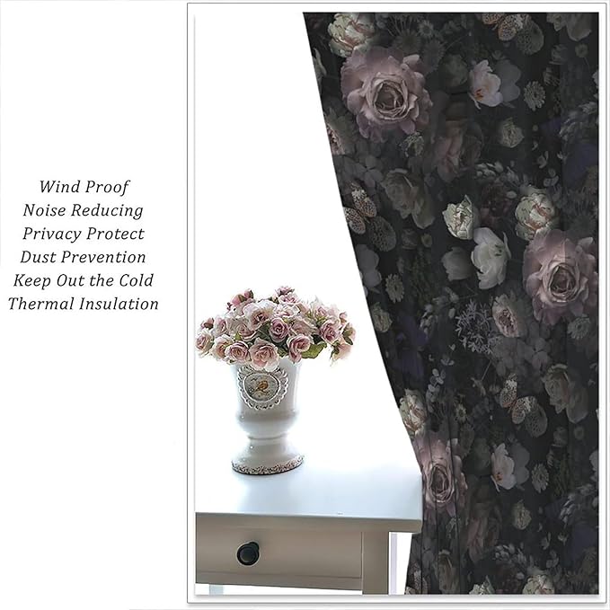 Gothic Floral Blackout Window Curtains, Retro Black Flower Rustic Watercolor Vintage Plant Boho Halloween Window Drapes, for Home Bedroom Living Room 27.5(W)*63(L) 2 Panels