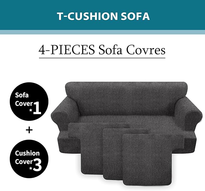 4 Piece T Cushion Sofa Slipcovers Stretch Couch Cover Furniture Covers with 3 Individual T Cushion Covers, Machine Washable for Living Room (Dark Gray, 3 Cushions)
