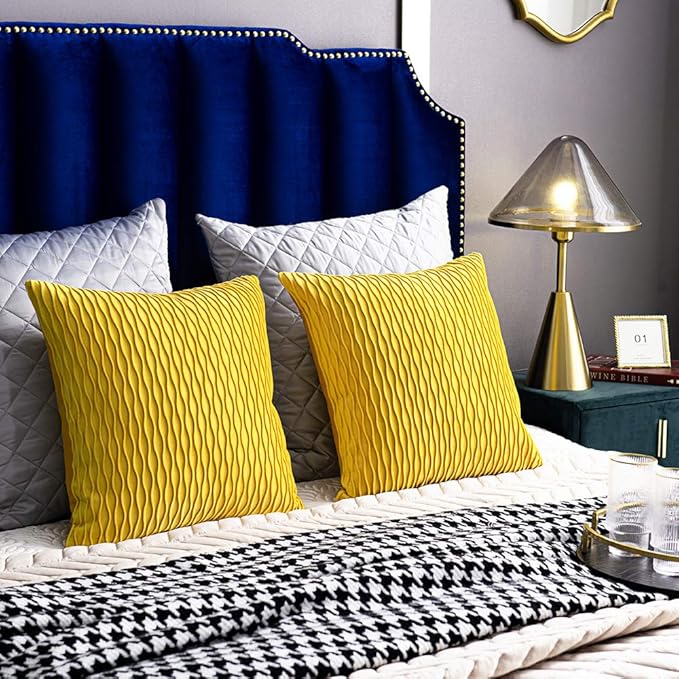 Mustard Yellow Couch Pillow Covers: 2 Pack 18x18 Inch Original Striped Velvet Square Throw Pillow Cases for Farmhouse Home Decor