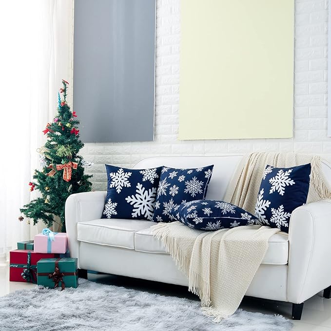 HWY 50 Navy Blue Decorative Throw Pillow Covers 18x18 Inch for Couch Sofa Bed, Soft Square Throw Pillows Cases Cushion Cover with Christmas Snowflakes Print Pack of 2