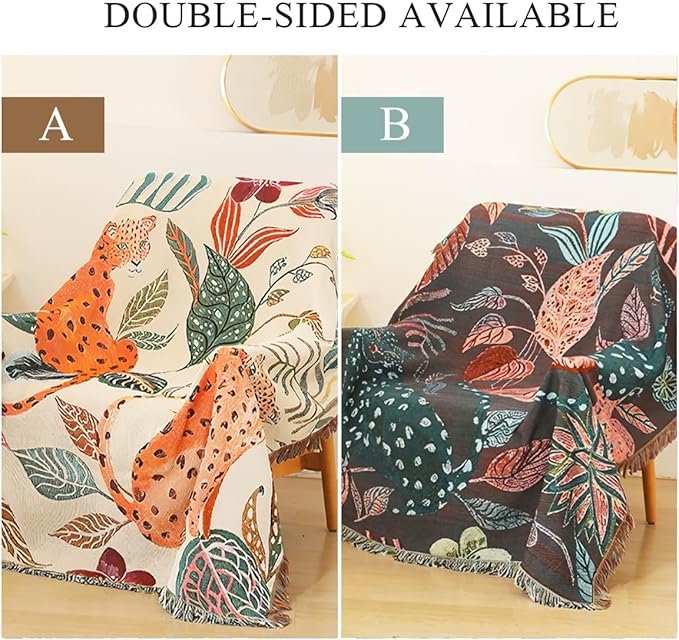 Double-Sided Cotton Woven Throw Blanket with Tassel Jungle Bohemian Style Tapestry Shawl Multi-Function Decorative Throws for Sofa Bed Armchair Camping Blanket Tablecloth Carpet 160x130cm