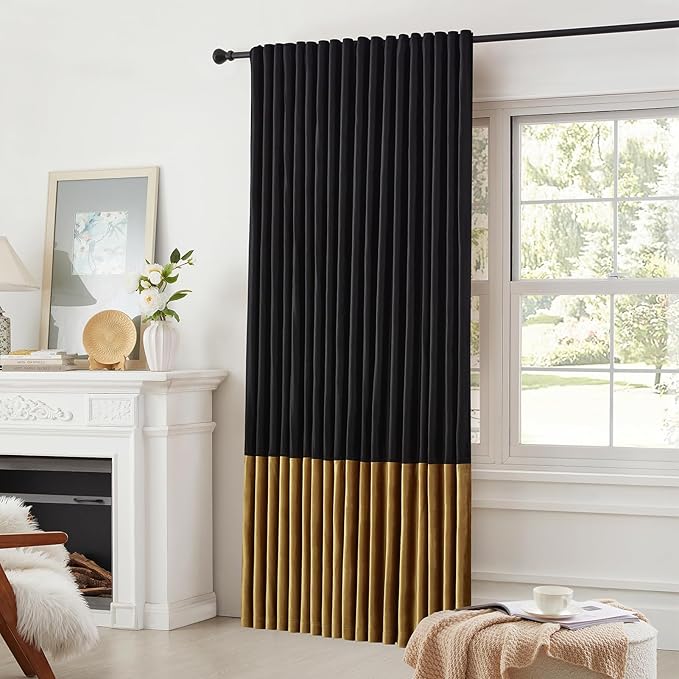 Velvet Curtains 90 inches Long for Living Room Blak Gold,2 Panels Blackout Curtains Modern Color Block Back Tab Rod Pocket Soundproof Drapes for Bedroom Window Decor