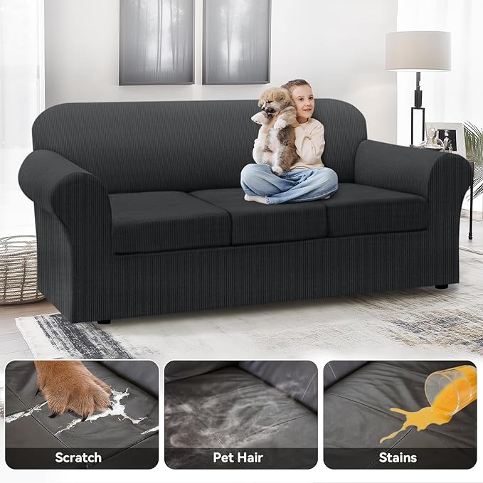 100% Waterproof Extra Large Couch Cover 4-Piece Set Striped Sofa Slipcovers for 3 Cushion Couch Sofa Covers with TPU Leakproof Bottom Stretch Protector Pet Proof - Sofa(3-Cushion), Dark Gray