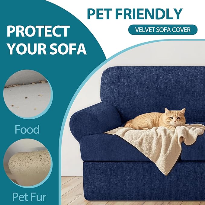 2 Pieces T Cushion Chair Covers with Arms Super Stretch Chair Slipcover for Living Room Pet Dog Universal Slip Cover Anti Slip Armchair Furniture Protector (Navy, 1 Cushion)