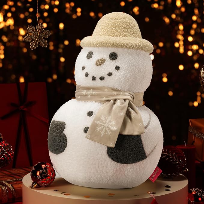 Phantoscope Merry Christmas Shaped Throw Pillow, Plush Teddy Sherpa Snowman Pillow with Scarf & Hat, Xmas Snowman Decorative Pillow for Couch Living Room Bed, Beige, 16.5 x 10.5 inches