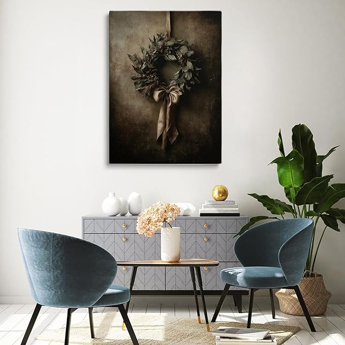 Christmas Wreath Still Life Print,Antique Holiday Wall Art,Rustic Winter Decor,Neutral Olive Green Painting,Moody Farmhouse Print