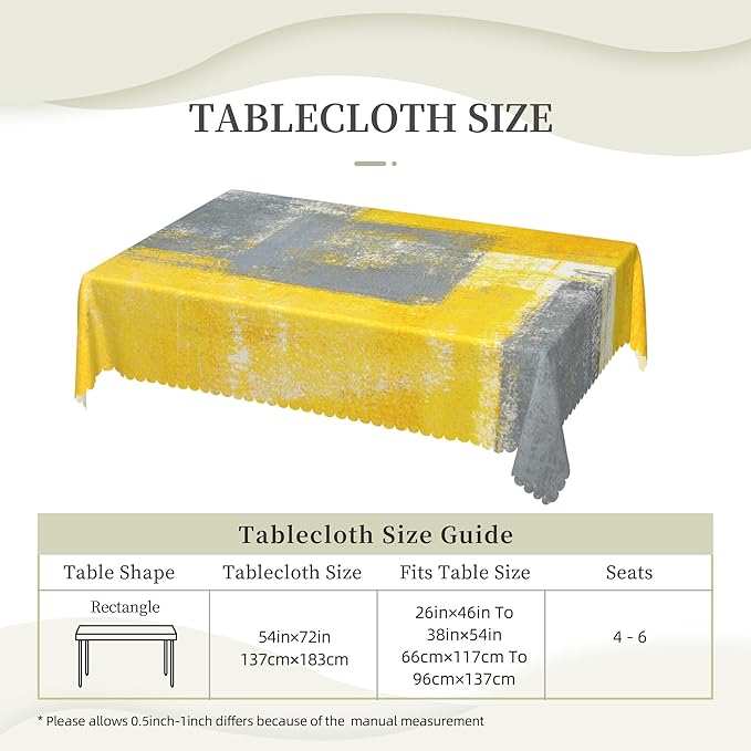 Yellow Grey Tablecloth Abstract Oil Painting Rectangle Tablecloth Modern Grey White and Yellow Art Painting Doodles Table Cover 54×72 Inch Washable Table Cloth for Kitchen Dining Room Party