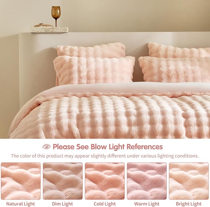 Tokokimo Pink Fluffy Comforter Cover Queen Set, Faux Rabbit Fur Duvet Cover Set 3 Pieces (1 Shaggy Duvet Cover+2 Pillowcases) Fuzzy Bedding Set (Pink, Queen)