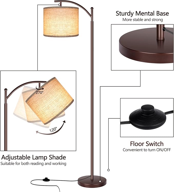 ROTTOGOON Floor Lamp for Living Room, LED Tall Industrial Standing Lamp Reading for Bedroom, Office (9W LED Bulb, Beige Lampshade Included) -Oil-Rubbed Bronze