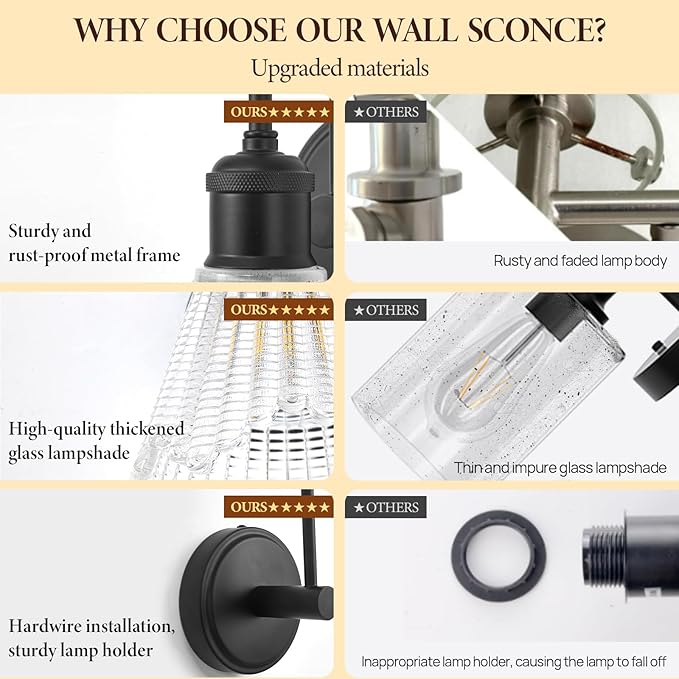 Wall Sconce Set of 2, Black Vintage Light Fixtures with Long Clear Glass Lampshade, Hardwired Sconces Wall Lighting for Bedroom, Bathroom, Living Room | Includes 2 LED Bulbs
