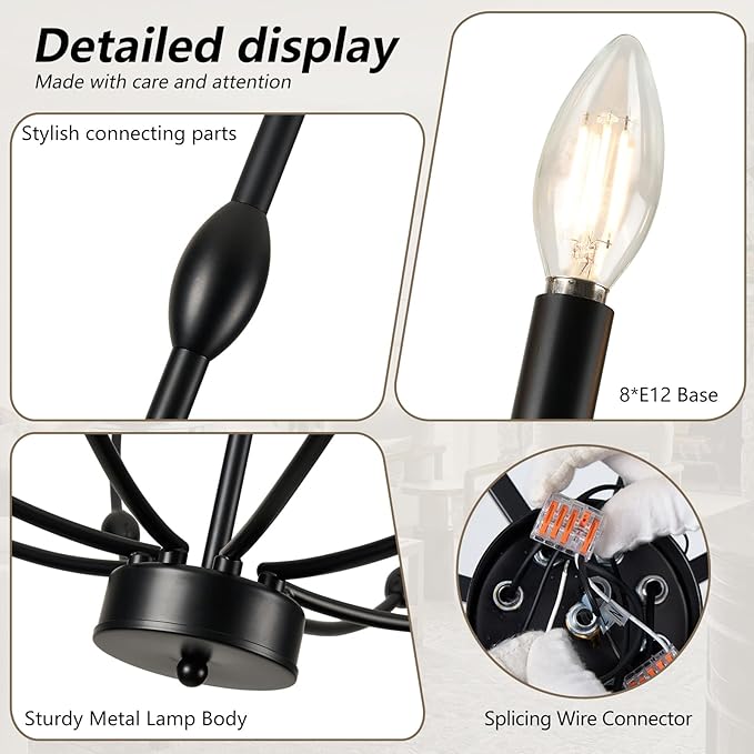 Black Chandelier 35 inch, 8-Light Modern Farmhouse Chandeliers for High Ceiling, Industrial Pendant Light Fixture for Foyer Hallway Entryway, Bedroom, Living Room, Kitchen
