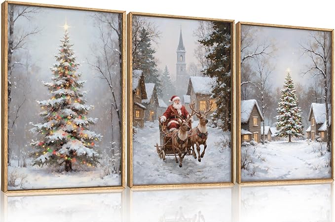 HPNIUB Happy Christmas Framed Wall Art Set, Elk Santa Claus Wall Decor, Winter Snowy Landscape Nature Painting, Neutral Christmas Scene Art Prints for Xmas Festival Fireplace Decor-16 x 24 x3
