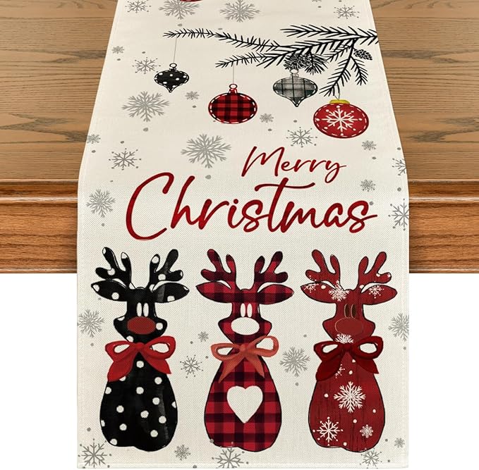 Artoid Mode Red Deer Snowflakes 210 GSM Merry Christmas Table Runner, Seasonal Winter Kitchen Dining Table Decoration for Home Party Decor 13x72 Inch
