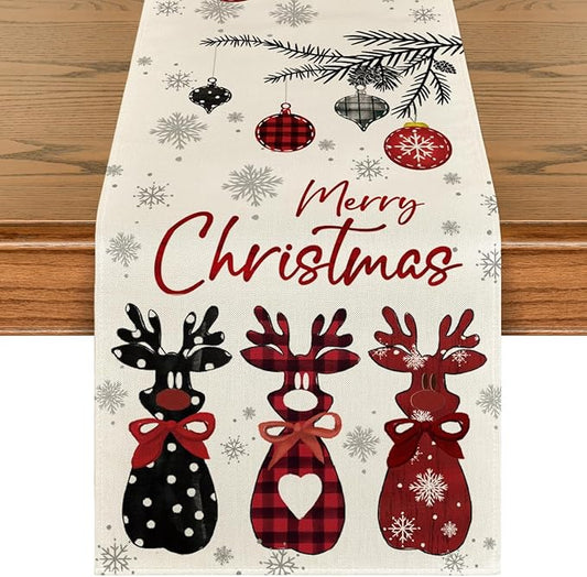 Artoid Mode Red Deer Snowflakes 210 GSM Merry Christmas Table Runner, Seasonal Winter Kitchen Dining Table Decoration for Home Party Decor 13x72 Inch