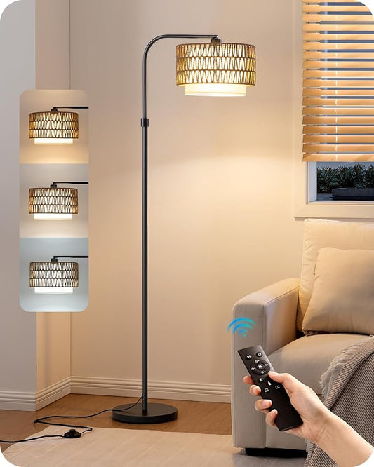 EDISHINE Arc Floor Lamps for Living Room Rattan Boho Floor Lamp with Remote Control,Dimmable Standing Lamp Wicker Lamp Shades Black Standing Lamp with 5 Color Temperature Tall Floor Lamps for Bedroom