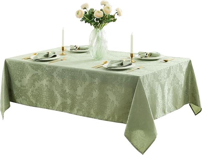 Newbridge Barcelona Damask Fabric Tablecloth, 52 x 52 Inch Square, Sage Green – No Iron, Soil Resistant Table Cover for Dining, Parties and Holidays