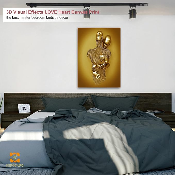 3D Wall Art- Love Heart 3D Metal Canvas Art, Gold Modern Abstract Hug Lovers Painting Picture Poster Prints for Bathroom, Romantic Couple Living Room Canvas Wall Art Framed 28”x40”x1Pcs