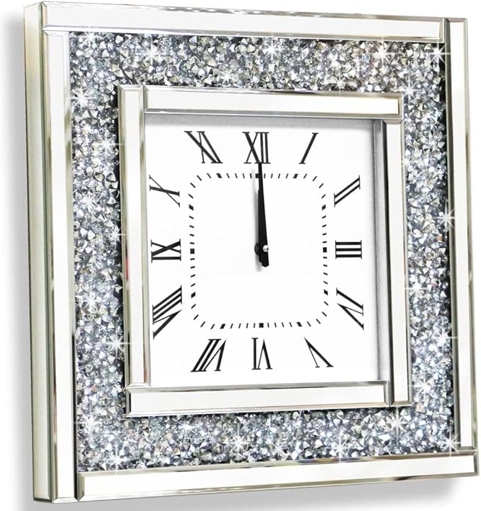 DMDFIRST Silver Square Mirror Clock 20x20inches Crystal Sparkle Twinkle Bling Crushed Diamond Mirrored Large Wall Clock for Wall Decoration Silver Glass Mirror Home Décor. AA Battery is not Included.