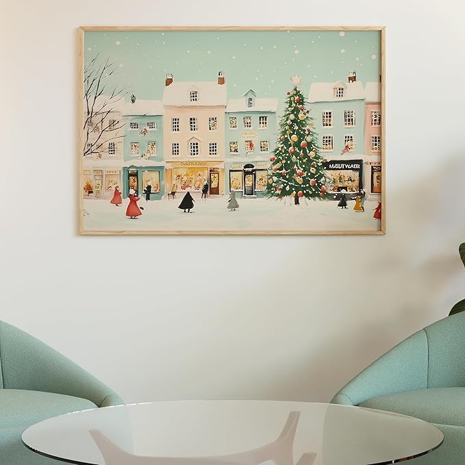 OZCONO Snowy Christmas Village Art Print for Winter Home Decor, Festive Holiday Town Scene Wall Art, Farmhouse Christmas Decoration, Cozy Seasonal Interior Artwork (Unframed) (9x11)