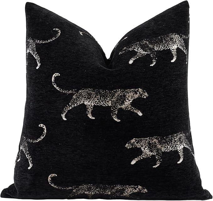 New 22x22'' inches Throw Pillow Cushion Covers - Black Color with Chenille Jacquard Embroidery Golden Leopard Luxury Modern Style Couch Sofa Bed Pillow Cover for Living Room Bedroom