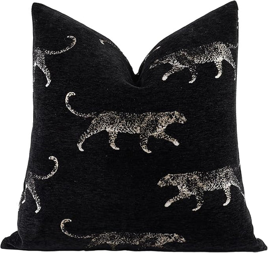 New 22x22'' inches Throw Pillow Cushion Covers - Black Color with Chenille Jacquard Embroidery Golden Leopard Luxury Modern Style Couch Sofa Bed Pillow Cover for Living Room Bedroom