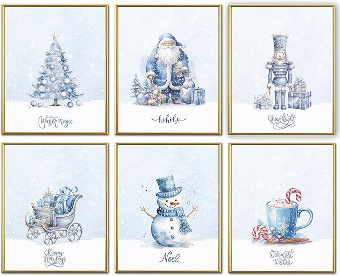 WINDVALE Blue Christmas Wall Art Prints – Nordic Holiday Posters with Santa, Snowman, Nutcracker & Tree – Cozy Winter Farmhouse Decor for Living Room or Fireplace (8x10 Unframed)