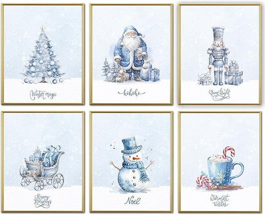 WINDVALE Blue Christmas Wall Art Prints – Nordic Holiday Posters with Santa, Snowman, Nutcracker & Tree – Cozy Winter Farmhouse Decor for Living Room or Fireplace (8x10 Unframed)