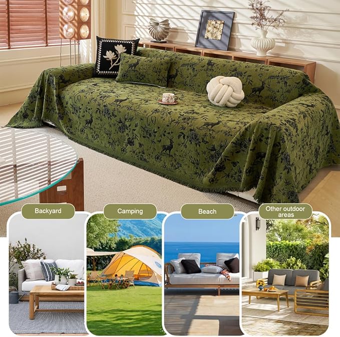 ROOMLIFE Green Sofa Cover, Vintage Boho Couch Cover for 3 Cushion Sofa, Non Slip Soft Chenille Sofa Slipcovers for Dog, Washable Furniture Sofa Protector Cover with Tassel for Living Room, 71''X118”