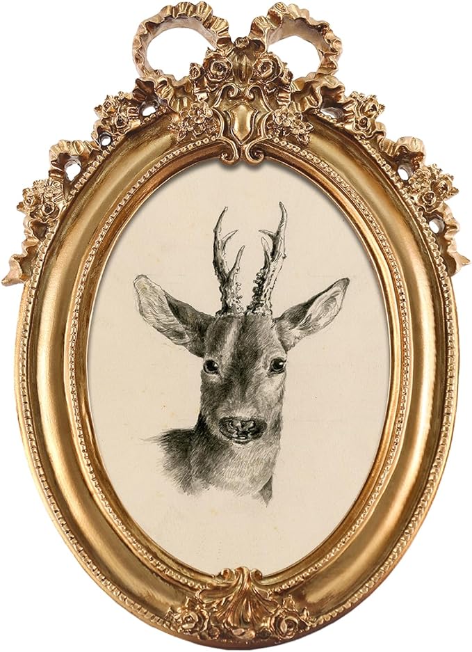FOLKOR Elk Wall Art Rustic Room Decor, Funky Deer Portrait Canvas Prints with Vintage Gold Frame for Tabletop Shelf Gallery Wall Decor, Minimalist Poster Painting Artwork, 4x6