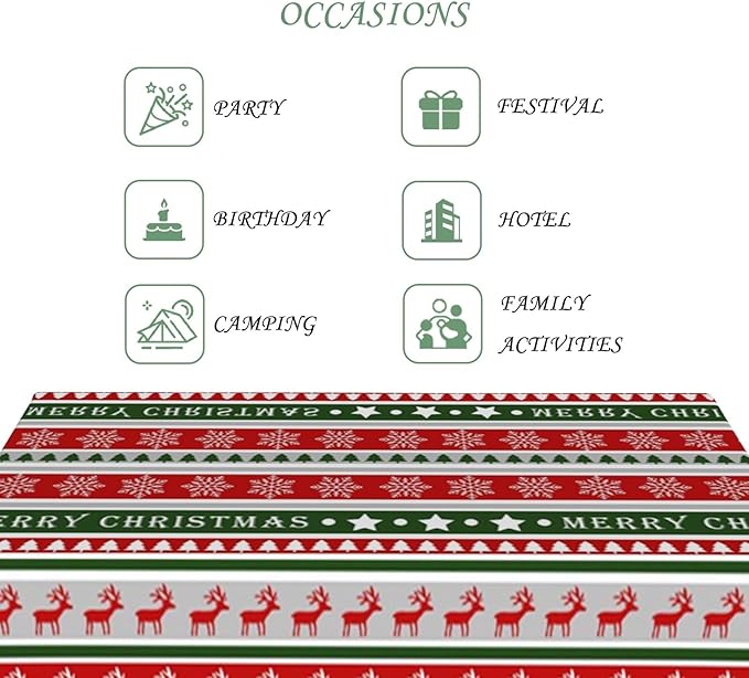 60x120 Inch Merry Christmas Rectangle Tablecloth Reindeer Snowflakes Xmas Tree Stripes Table Cloth Washable Durable Table Cover for Kitchen Dining Banquet Ugly Christmas Sweater Party Decor
