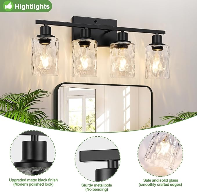 4-Light Bathroom Light Fixtures, Matte Black Vanity Light with Water Ripple Clear Glass Shades for Mirror, Living Room, Bedroom, or Porch