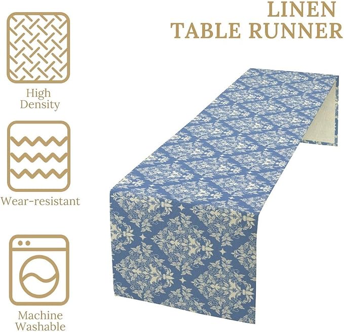 Damask Table Runner Blue Beige Abstract Flower Floral Baroque Pattern Table Runner for Kitchen Dining Weddings Party Festival Farmhouse Holiday Decor 13x60in