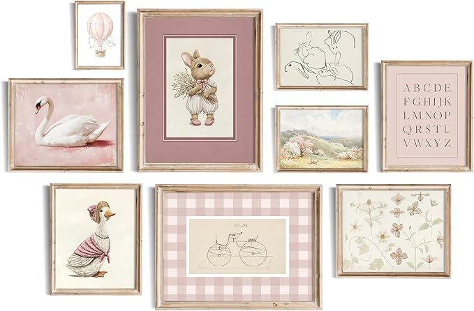 Kizbok Pink Nursery Wall Art Decor for Baby Girl Room Decor, Vintage Kids Room Wall Decor Swan Bunny Duck Hot Air Balloons Flower Canvas Art Prints Poster, Cute Nursery Wall Poster for Little Girl's Bedroom, Toddler Kids Playroom - Unframed