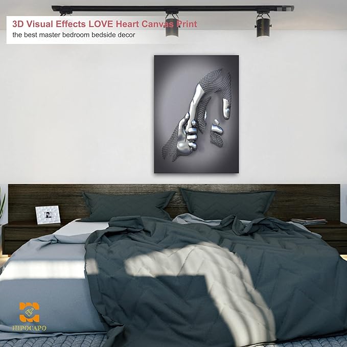 HIPOCAPO 3D Metal Effect Canvas Wall - Art Decor Artwork Hold Hands Silver Modern Painting, Large for Bedroom Dercorations Framed 28''x40''x1Pcs 3d Art-10