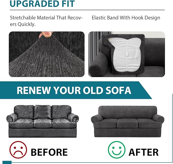 4 Piece T Cushion Sofa Slipcovers Stretch Couch Cover Furniture Covers with 3 Individual T Cushion Covers, Machine Washable for Living Room (Dark Gray, 3 Cushions)