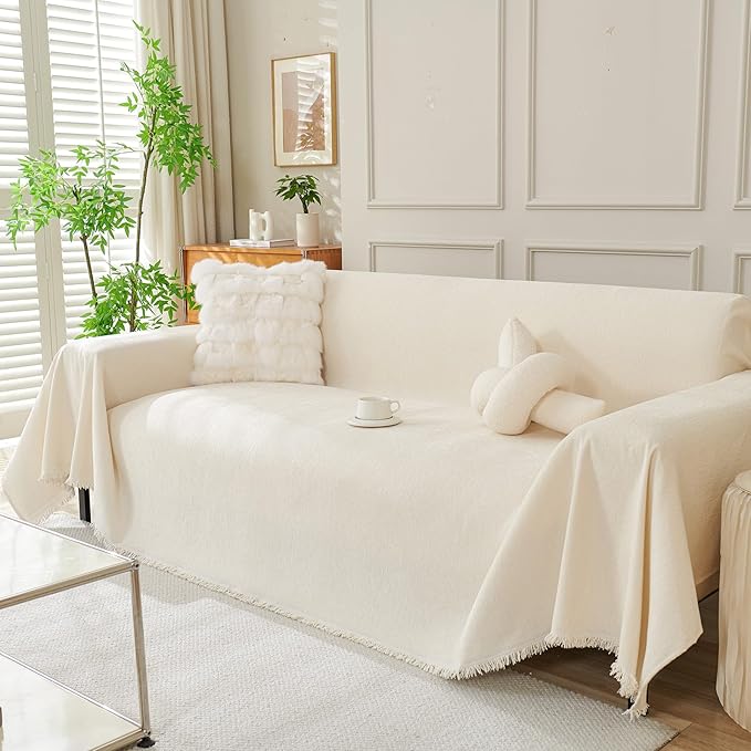 DREAMINGO Sofa Covers Washable Thick Chenille Couch Cover for 2 Cushion Couch Sofa Multi-Use Couch Cover Blanket Modern Pet Furniture Protector Sectional Couch Slipcover 91"x118", Beige White
