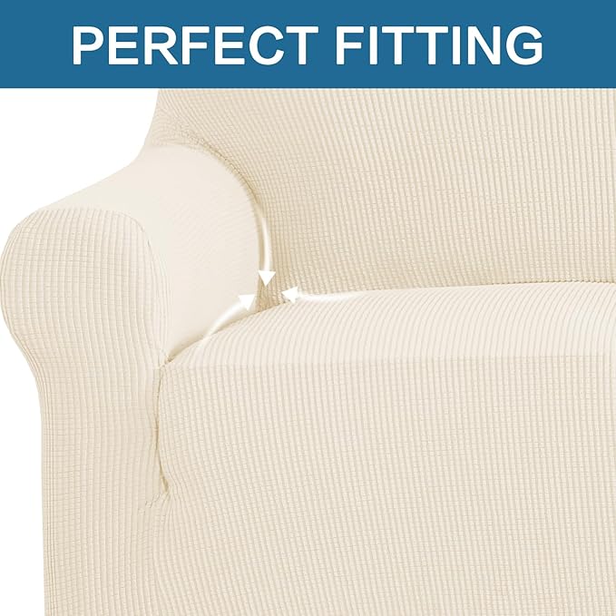H.VERSAILTEX Stretch Couch Covers for Sofa 1 Piece Slipcovers for Couches and Sofas 3 Seater Couch Cover Feature Thick Checked Jacquard Fabric with Elastic Bottom, 72"-88" Wide, Cream