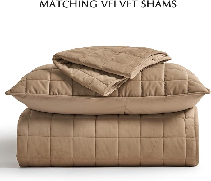 EVERGRACE Pearl Velvet Quilt King Size Bedding Sets, Luxurious Soft Velvet Comforter Set, Lightweight Box Stitching Oversized Bedspread Coverlet for All Season, with 2 Shams, Camel