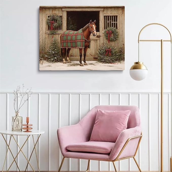 Rustic Christmas Horse Wall Art Prints,Country Holiday Farmhouse Decor,Winter Horse Print
