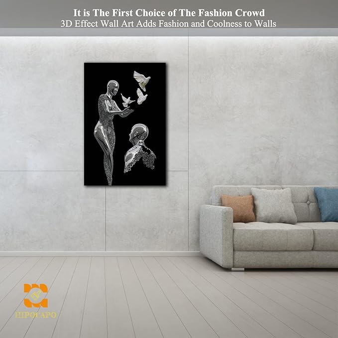 HIPOCAPO 3D Metal Effect Wall Art - 3D Metal Canvas Art, 3D Metal Canvas Art Decor for Modern Living Room, Framed Romantic Couple Put Pigeons pictures for bedroom wall decor 28''x40''x1Pcs